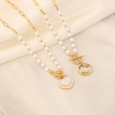 Collana In Acciaio Inossidabile Ciondolo Cuore Tondo Perla Artificial Bianca Conchiglia Strass Croce Fibbia OT Gioielli Eleganti Da Donna