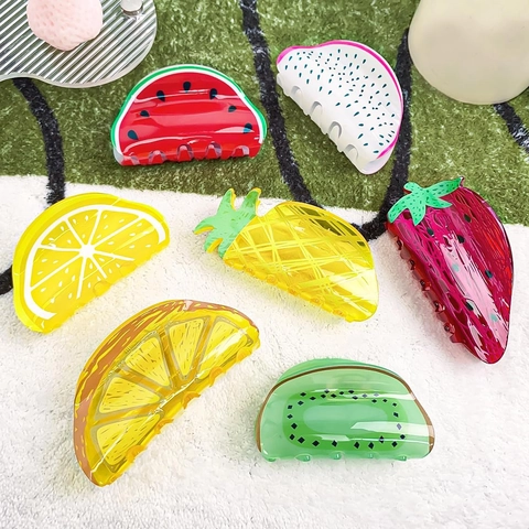 Acrylic Fruit Hair Claw Clips Cute Watermelon Strawberry Pineapple Lemon Shape Ponytail Holder For Women Girls Sweet Hair Accessory
