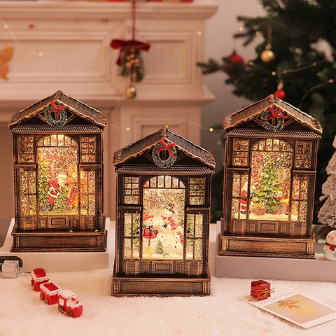Vintage Bronze Christmas Music Box LED Lighted Snowing Lantern With Santa Snowman Nativity Scene For Holiday Home Decoration