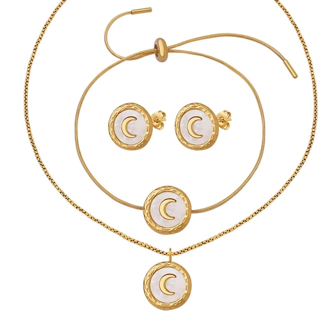 Pendente Luna Crescente Collana Bracciale Orecchini Gioielleria Acciaio Al Titanio Martellato Conchiglia Bianca Elegante Per Donne