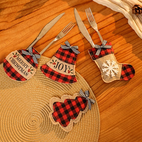 Porte Couverts De Noël Tissu Écossais Jute Décoration De Table Pochettes Vaisselle Sapin Chaussette Cloche Boule