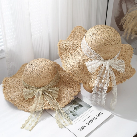 French Style Raffia Straw Sun Hat Women Wide Brim Woven Beach Hat Lace Bowknot Ribbon Breathable Elegant Vacation Cap