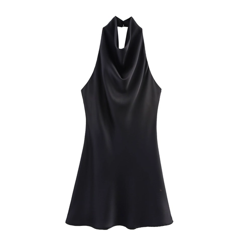 Abito Mini In Raso Allacciato Al Collo Scollo A Cappuccio Schiena Scoperta Senza Maniche Sexy Elegante Party Per Donne