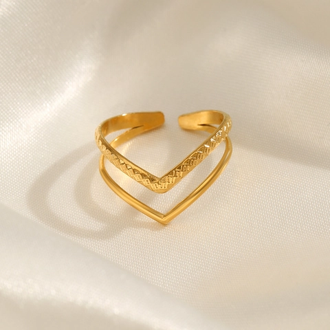 Double Layer V Shape Open Ring Stainless Steel Textured Geometric Minimalist Adjustable Jewelry For Women