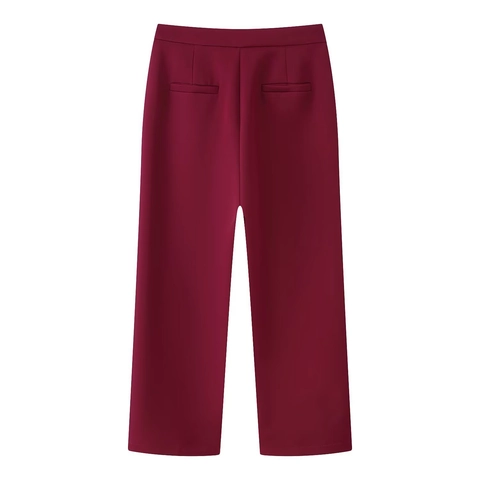 Women Elegant Slim Fit Wine Red Blazer With Feather Trim Cuffs Solid Color Suit Jacket Formal Office Wear Long Pants Top Bottom
