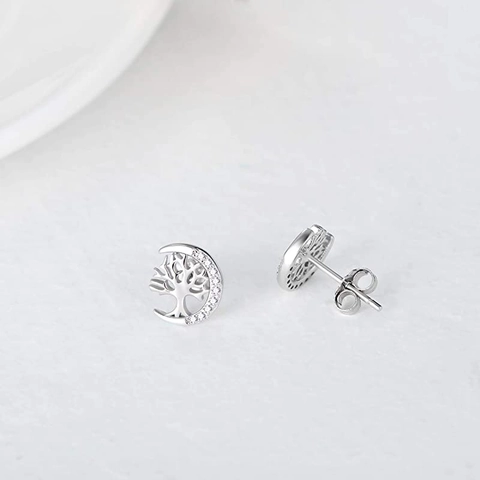 925 Sterling Silver Tree Of Life Moon Stud Earrings Rhinestone Inlaid Crescent Moon Tree Studs For Women Minimalist Fashion Jewelry