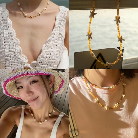 Seestern Perlen Halskette Und Armband Schmuck Edelstahl Boho Strand Resort Stil Damen Accessoire