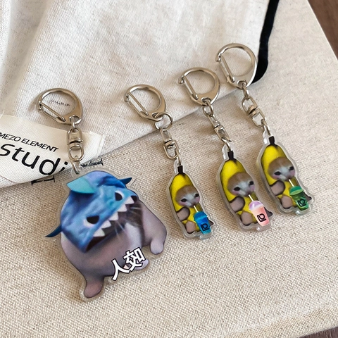 Funny Meme Banana Cat Keychain Acrylic Animal Expression Bag Pendant Zinc Alloy Key Ring Jewelry For Women Men Key Holder