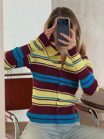 Stripe Knit Cardigan Women Polo Collar Long Sleeve Ribbed Contrast Color Retro Slim Fit Button Down Sweater Top