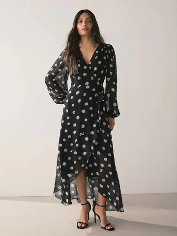 Vestito Midi A Pois Scollo A V Manica Lunga Chiffon Portafoglio Volant Orlo Irregolare Stile Francese Vita Alta