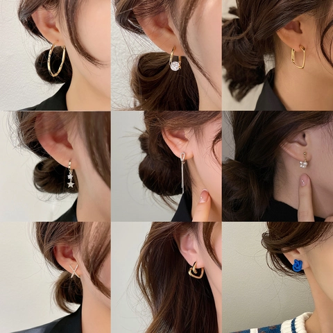 Orecchini a Bottone in Lega con Strass e Perle Artificiali per Donna Stile Coreano Geometrici con Nappe e Cuore Gioielli alla Moda Regalo