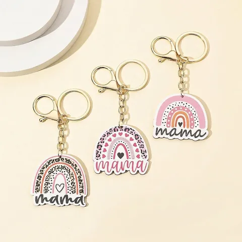 Portachiavi Arcobaleno In Legno Metallo Dorato Lettera Mama Stampa Leopardata Cuore Ciondolo Regalo Festa Della Mamma