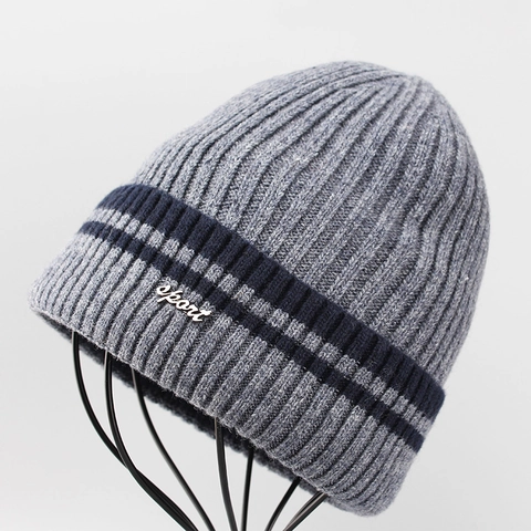 Men Knitted Beanie Hat Wool Acrylic Blend Fleece Lined Winter Warm Striped Cuff Sport Metal Label Decoration
