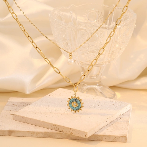 Collana In Turchese Sole Vintage Acciaio Inossidabile Doppio Strato Ciondolo Perla Artificial Gioielli Da Donna