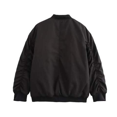Women Bomber Jacket Ruched Long Sleeve Zip Up Loose Fit Streetwear Polyester Solid Black Coat Outerwear