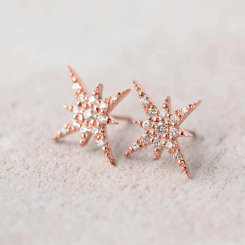 North Star Stud Earrings Copper Cubic Zirconia Micro Pave Eight Pointed Star Dainty Minimalist Jewelry For Women