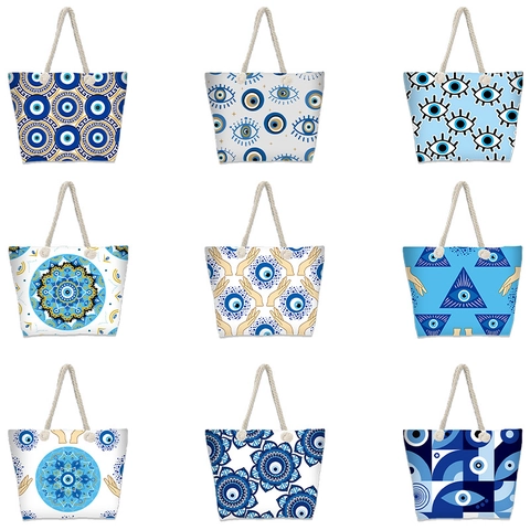 Evil Eye Große Tote Bag Leinwand Polyester Seilgriffe Strand Reise Bohemian Nazar Ethno Stil Für Frauen