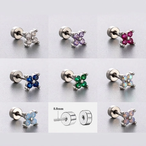 Flower Stud Earrings Titanium Steel Zircon Opal Inlay Screw Back Small Cartilage Piercing Jewelry For Women