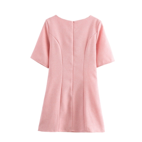 Pink Tweed Mini Dress Round Neck Short Sleeve Artificial Pearl Bow Decoration High Waist A-Line Sweet Elegant Summer Women