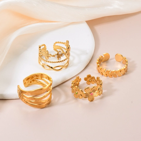 Bague Ouverte En Acier Inoxydable Pour Femmes Plaquée Or Motifs De Fleurs Et De Trèfle Avec Perle Artificielle Bague Réglable