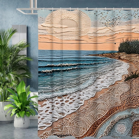 Cortina De Ducha Impermeable Poliéster Relieve 3D Artística Playa Atardecer Gran Ola Japonesa Flor De Cerezo Con Ganchos