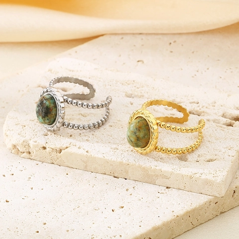 Anillo Ajustable De Acero Inoxidable Con Piedra Natural Verde Estilo Palacio Vintage Joyería Bohemia Para Mujer