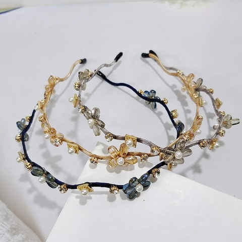 Crystal Flower Artificial Pearl Rhinestone Headband Elegant Korean Style Thin Metal Fabric Wrapped Hair Band For Women