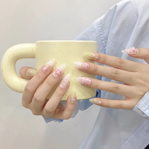 Handgemaakte Press On Nails Amandelvorm 3D Strik Bloemenpatroon Zoete Lente Stijl Herbruikbare Kunstnagels Vrouwen