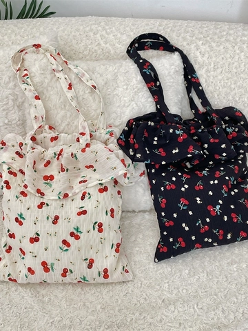 Borsa Tote Stampa Floreale Ciliegia Bordo Volant Tessuto Chiffon Grande Capacità Borsa A Tracolla Dolce Elegante Donna