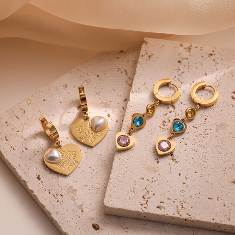 Heart Drop Earrings Titanium Steel Gold Plated Tree Of Life Heart Shaped Artificial Pearl Zircon Hoop For Women Elegant Jewelry