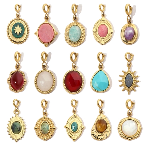 Dijes Colgantes Vintage Para Hacer Joyas Acero Inoxidable Piedra Natural Gota De Agua Ovalado Accesorios DIY