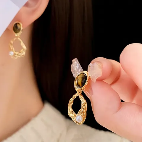 Orecchini Pendenti Vintage Stile Francese Rame Placcato Oro Con Perno In Argento Sterling 925 Occhio Di Tigre E Perla Artificial