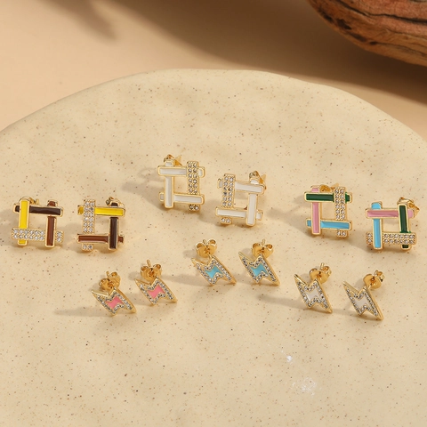 Lightning Geometric Stud Earrings Copper Colorful Enamel Zircon Unique Jewelry Women Dainty Minimalist Accessories Gift