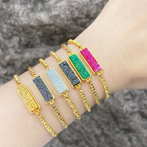 18K Gold Plated Copper Druzy Stone Bracelet For Women Minimalist Rectangular Pendant Adjustable Slider Box Chain Fashion Jewelry