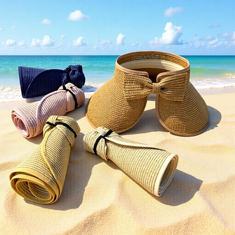 Dames Stro Zonnevisier Hoed Opvouwbaar Oprolbaar Brede Rand Strand UV Bescherming Zomer Ademend Strik Elegant
