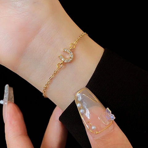 Bracciale A Ferro Di Cavallo In Rame Placcato Oro Con Zirconia Chiusura Scorrevole Regolabile Ciondolo Cuore Gioielli Per Donne