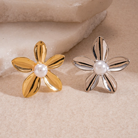 Anello Fiore Con Perla Artificiale Lega Anello Floreale Metallico Per Donne Gioiello Da Dito Elegante Chic