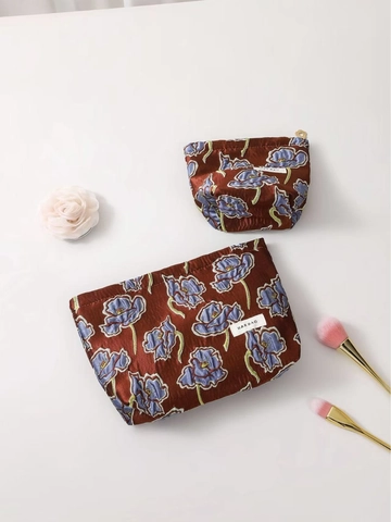 Vintage Floral Embroidery Cosmetic Bag Jacquard Fabric Portable Toiletry Pouch Large Capacity Travel Storage Organizer