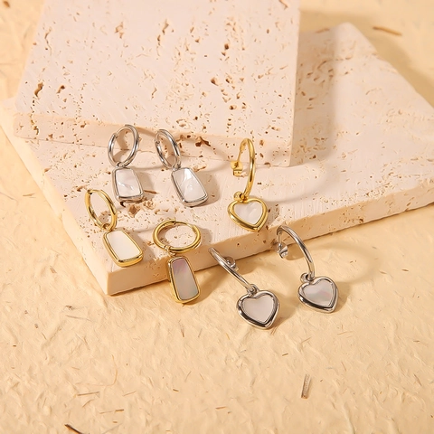 Stainless Steel Hoop Earrings With White Mother Of Artificial Pearl Heart Rectangle Geometric Pendants 18K Gold Plated Jewelry