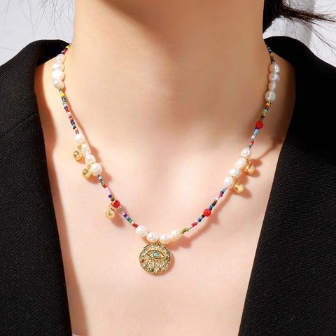 Evil Eye Anhänger Halskette Boho Süßwasserperle Bunte Perlen Kupfer Vergoldet Schmuck Damen