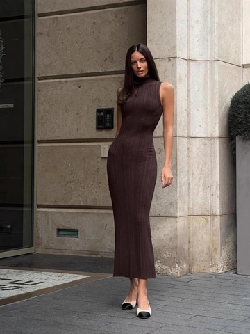 Knitted Sleeveless High Neck Midi Dress Polyester Ribbed Solid Color Slim Fit Bodycon Elegant Commute Long Vest Dress