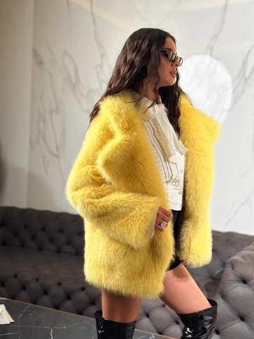 Damen Kunstpelz Mantel Gelb Langarm Revers Locker Oversized Winter Warm Mittellang Jacke Strickjacke Mode Oberbekleidung