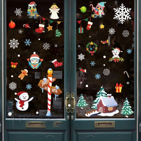 Pegatinas Navidad Ventana Adhesivos Estáticos Reutilizables PVC Muñeco De Nieve Búho Copos Nieve Decoración Cristal
