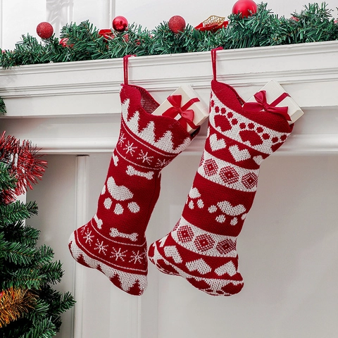 Knitted Christmas Stocking Bone Shaped Pet Paw Print Snowflake Patterns Holiday Party Home Decor Ornament