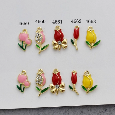 Tulip Flower Charms Alloy Enamel Rose Bud Pendants With Rhinestone For DIY Jewelry Making Crafts Earrings Hair Jewelry