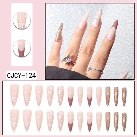 Lange Stiletto Press On Nails Künstliche Falsche Fingernägel Marmormuster Gold Glitzer Französischer Stil ABS Kunststoff