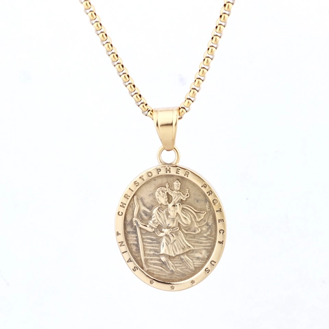 Collar Medalla San Cristóbal Vintage Acero Inoxidable Colgante Ovalado Religioso Joyería Protección Para Hombres Mujeres