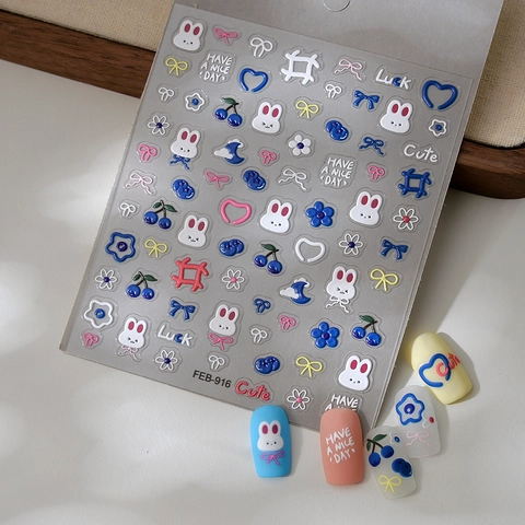 5D Relief Nagelaufkleber Süße Hase Blaubeere Blume Muster Selbstklebend 3D Texturierte Wasserdichte Abziehbilder Für Frauen