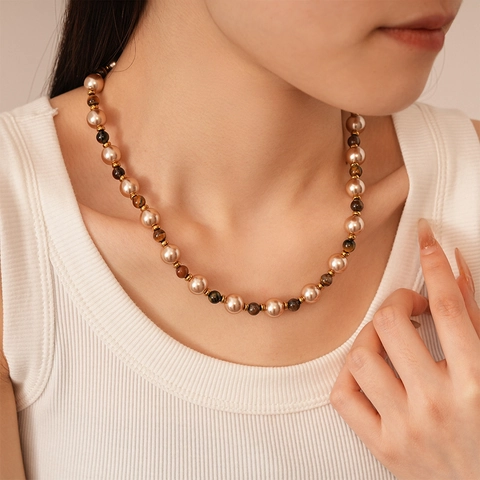 Collana Di Perline Retro Con Pietra Occhio Di Tigre Sintetica E Künstliche Perle Rame Placcato Oro Catena Da Clavicola Vintage Da Donna