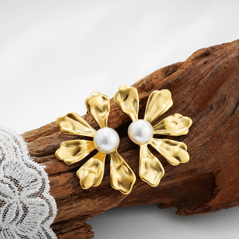Vintage Grote Bloem Oorbellen Met Kunstparel Roestvrij Staal Verguld Elegante Sieraden Voor Dames